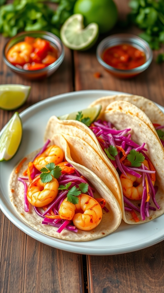 Brightly colored shrimp tacos with garlic shrimp, cabbage slaw, and lime wedges on a wooden table.